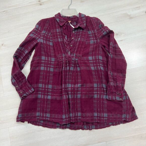 Free People Baby Blues Plaid Tunic Top Small Flannel Burgundy Pockets - Picture 15 of 16